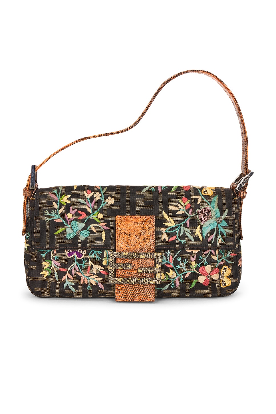fendi Fendi Zucca Floral Embroidered Baguette Shoulder Bag