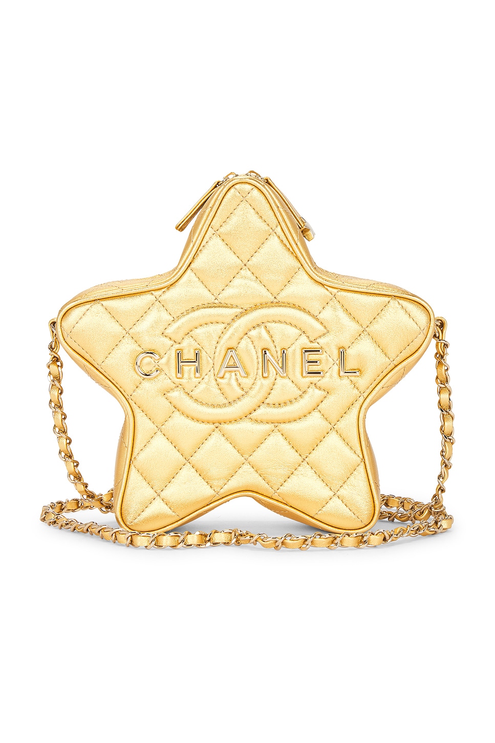 Pre-owned Chanel Lambskin Walk Of Fame Star Shoulder Bag In Gold