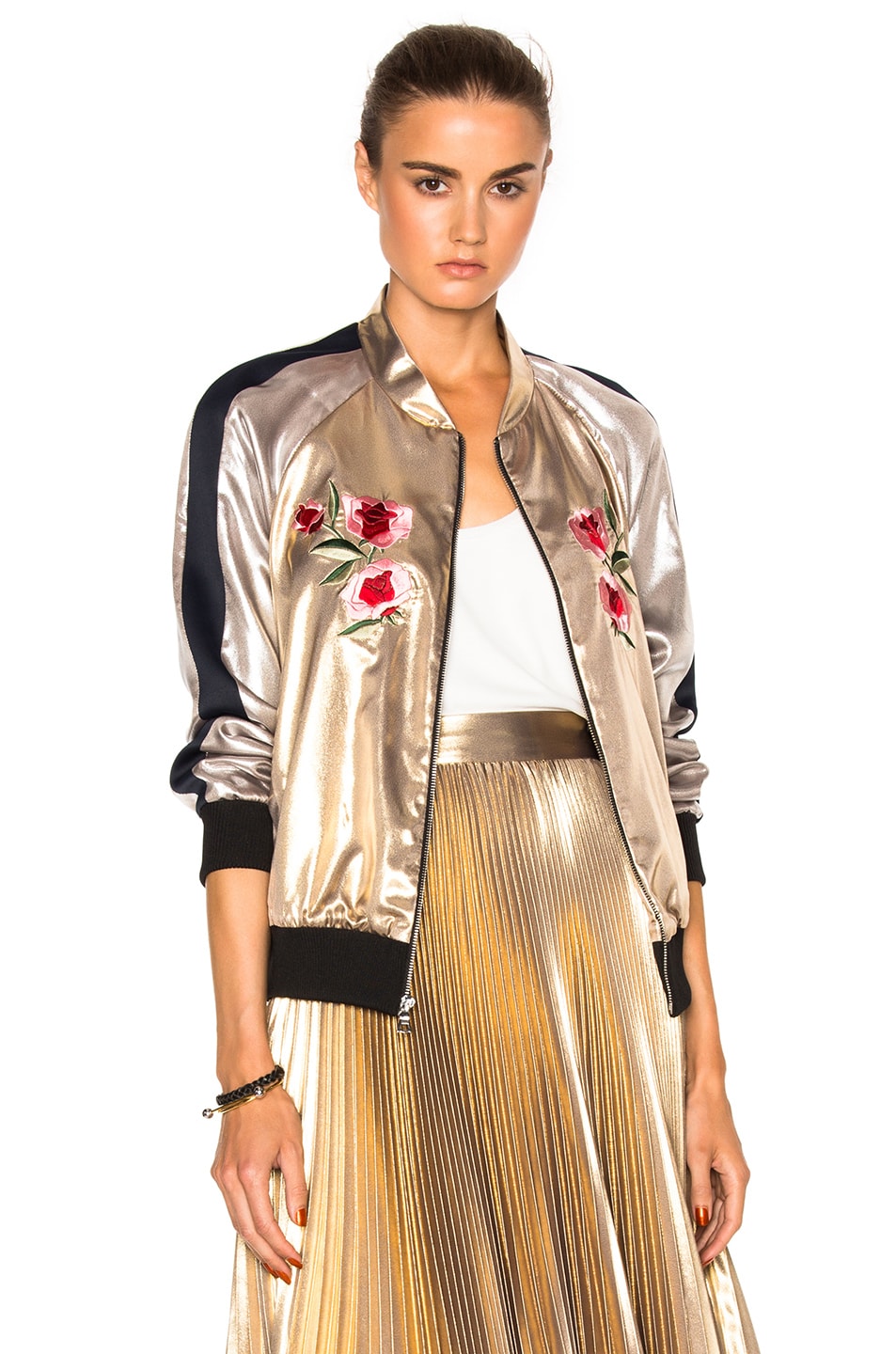 Image 1 of Frankie Embroidered Bomber Jacket in Light Gold