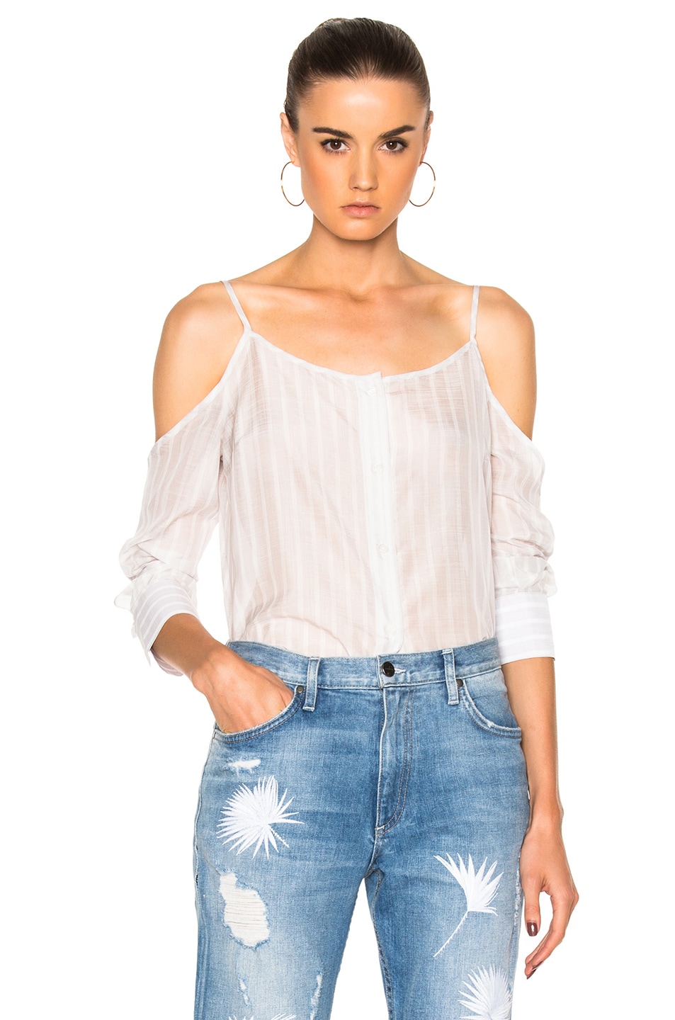 Image 1 of Frankie Off Shoulder Button Down Top in White Stripe