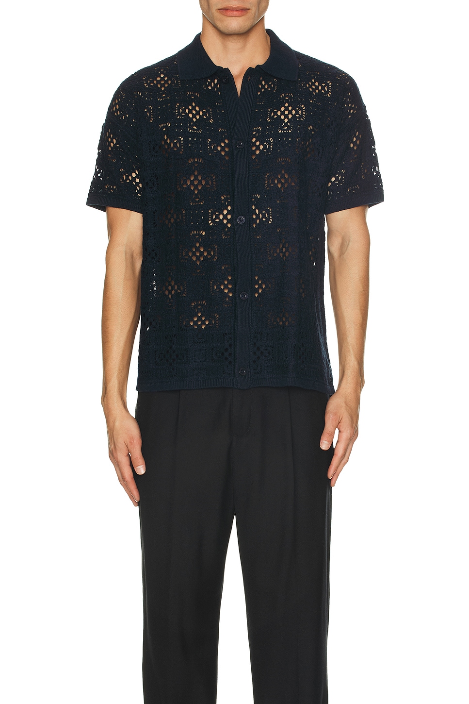 Image 1 of Frescobol Carioca Raul Crochet Cardigan Shirt in Navy