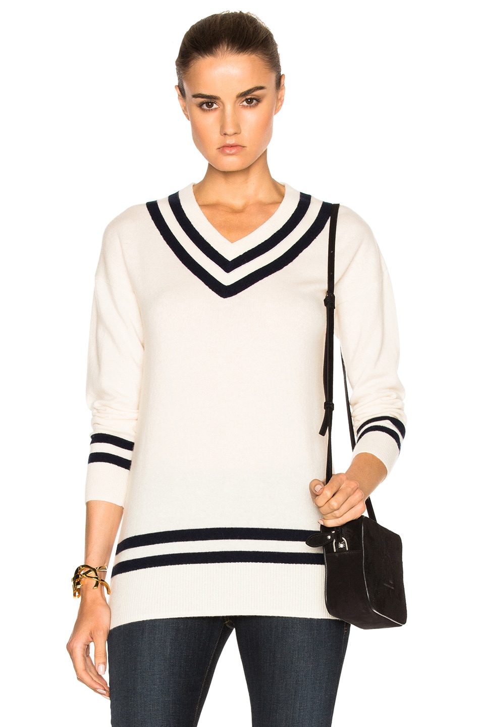 Image 1 of FRAME Denim Varsity V-Neck Sweater in Navy & Blanc