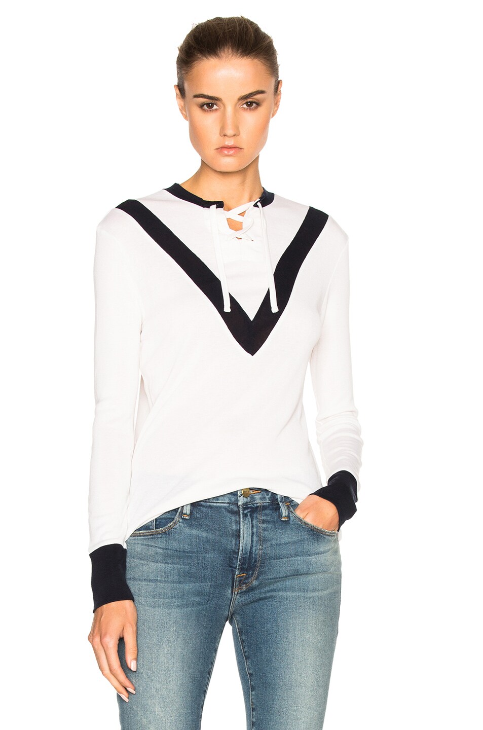 Image 1 of FRAME Denim Sunkissed Rugby Tie Sweater in Blanc & Navy