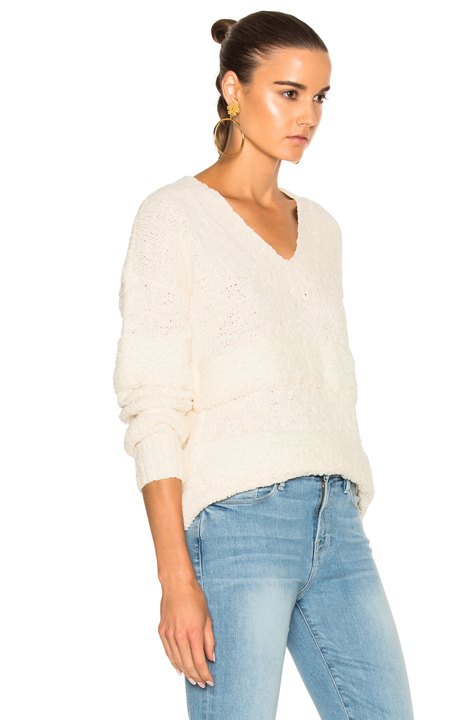 FRAME Denim Slouchy V-Neck Stripe Sweater in Off White | FWRD