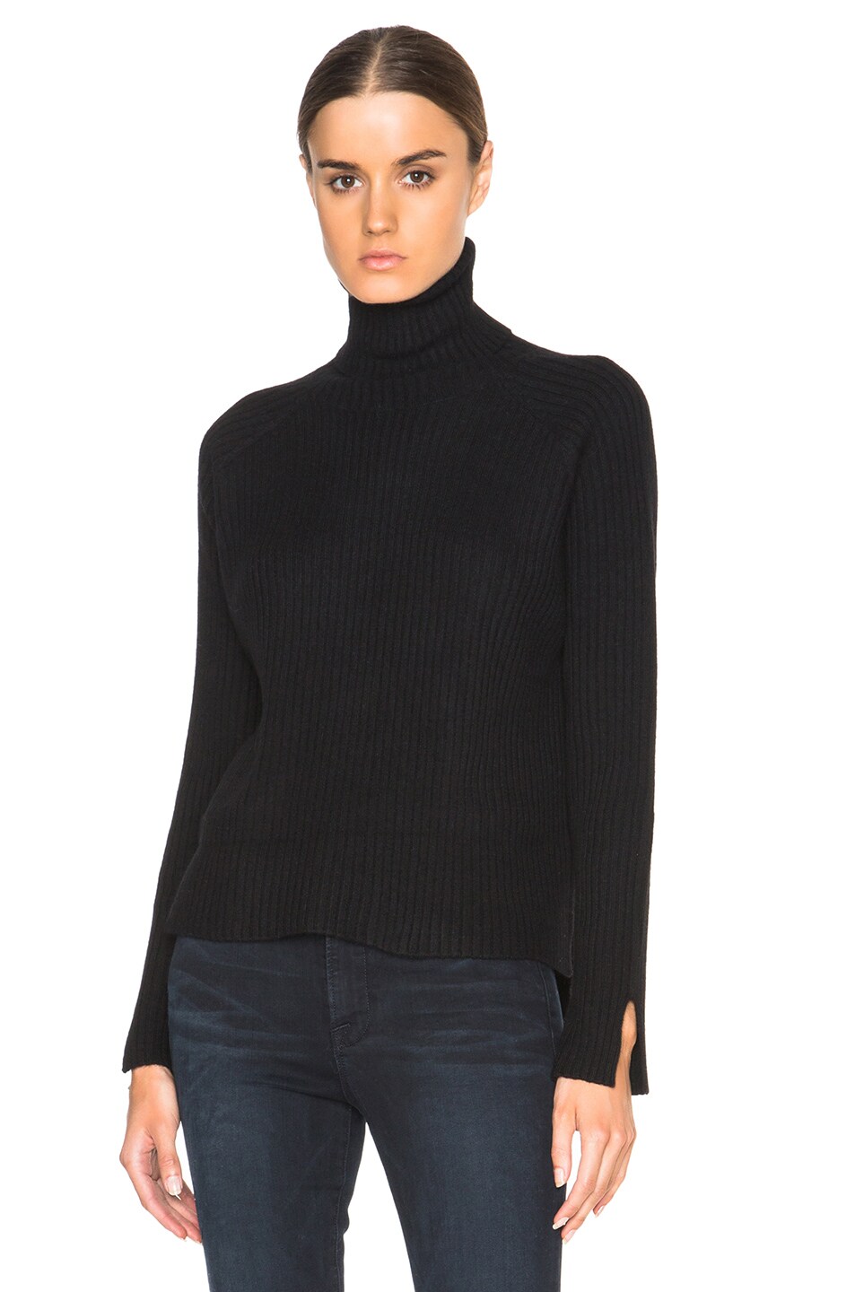 Image 1 of FRAME Denim Cashmere Slit Turtleneck Sweater in Noir