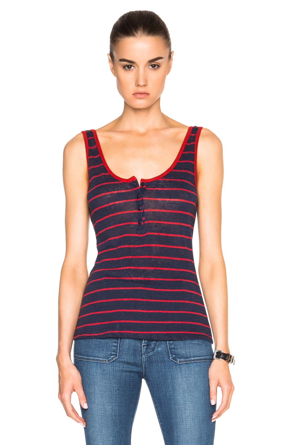 Image 1 of FRAME Denim Nautical Henley Tank Top in Red Stripe