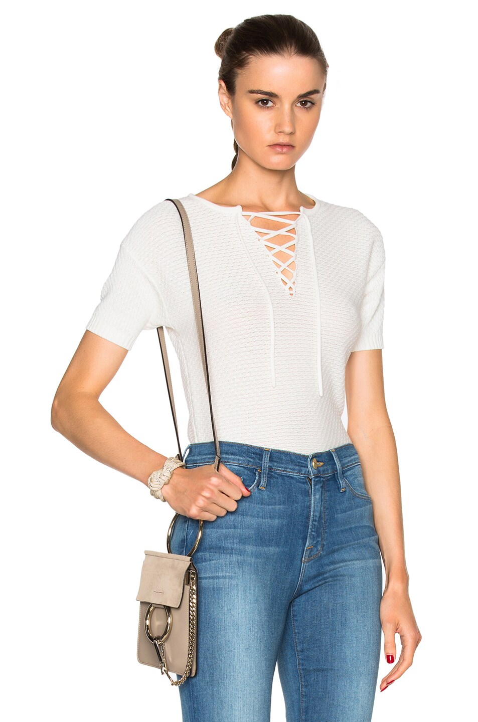 Image 1 of FRAME Denim Crochet Lace Up Tee in Blanc