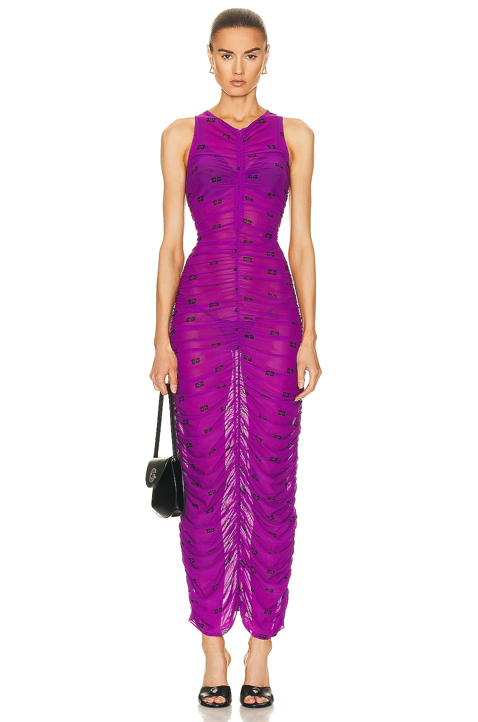 Image 1 of Ganni Printed Mesh Ruched Dress in Sparkling Grape