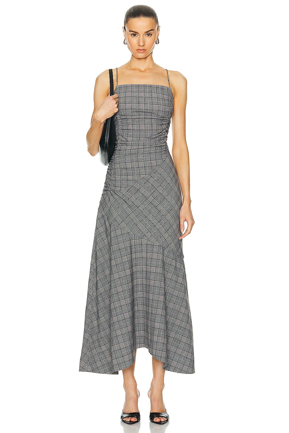 Image 1 of Ganni Check Mix Ruched Long Slip Dress in Frost Gray