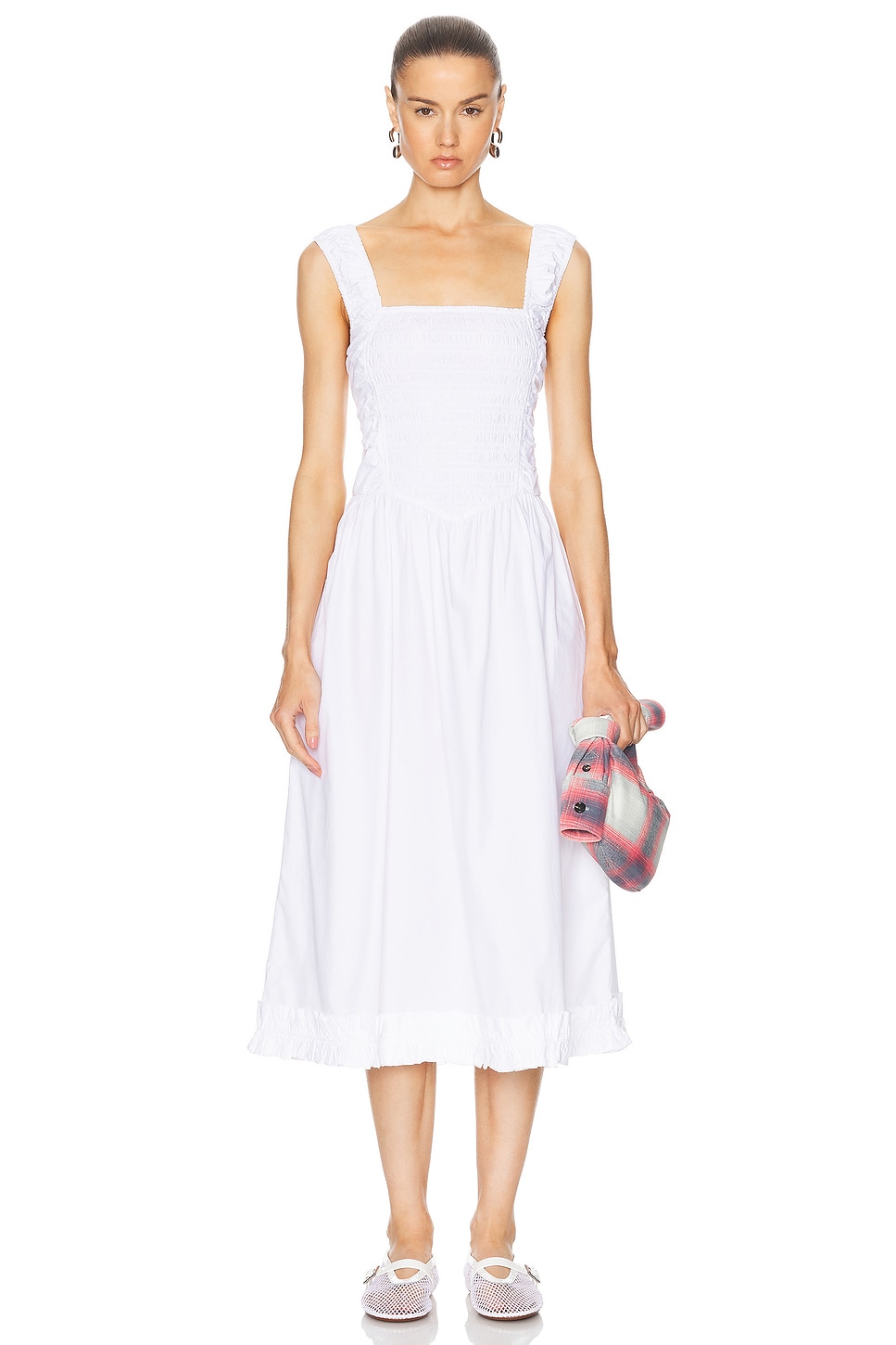 Image 1 of Ganni Midi Smock Dress in Bright White