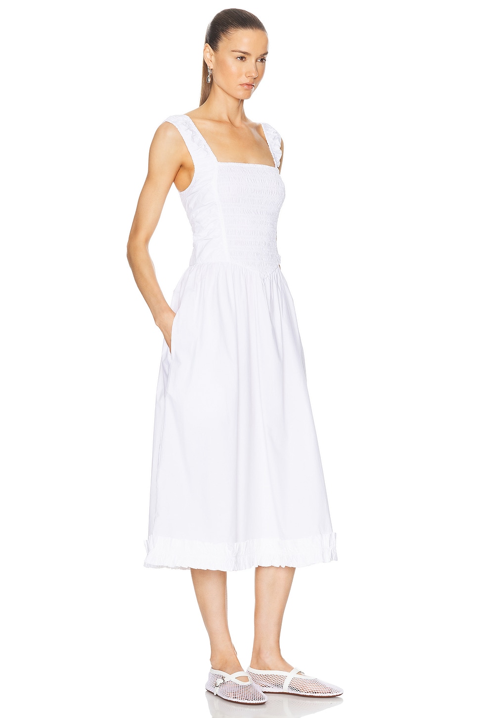 Shop Ganni Midi Smock Dress In Bright White