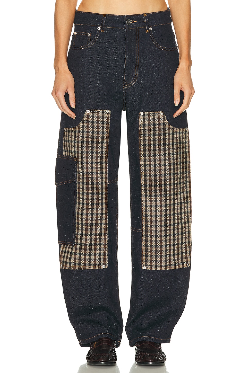 Ganni Wide-leg Organic Cotton Pants With Checkered Patch Pockets In Black