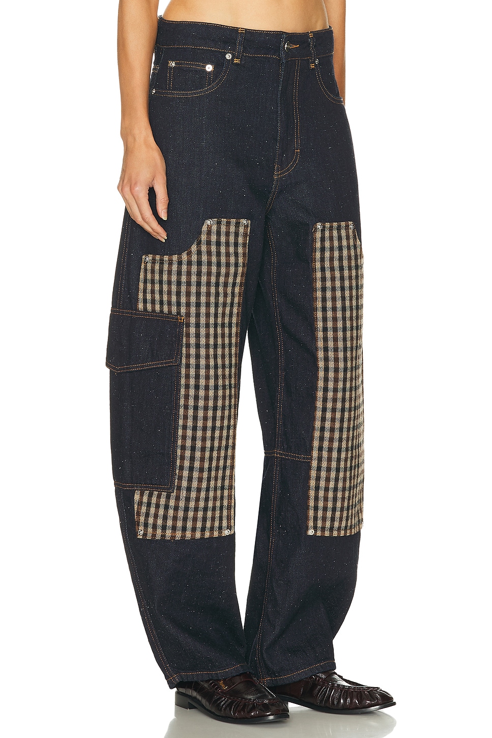 Ganni Wide-leg Organic Cotton Pants With Checkered Patch Pockets In Black