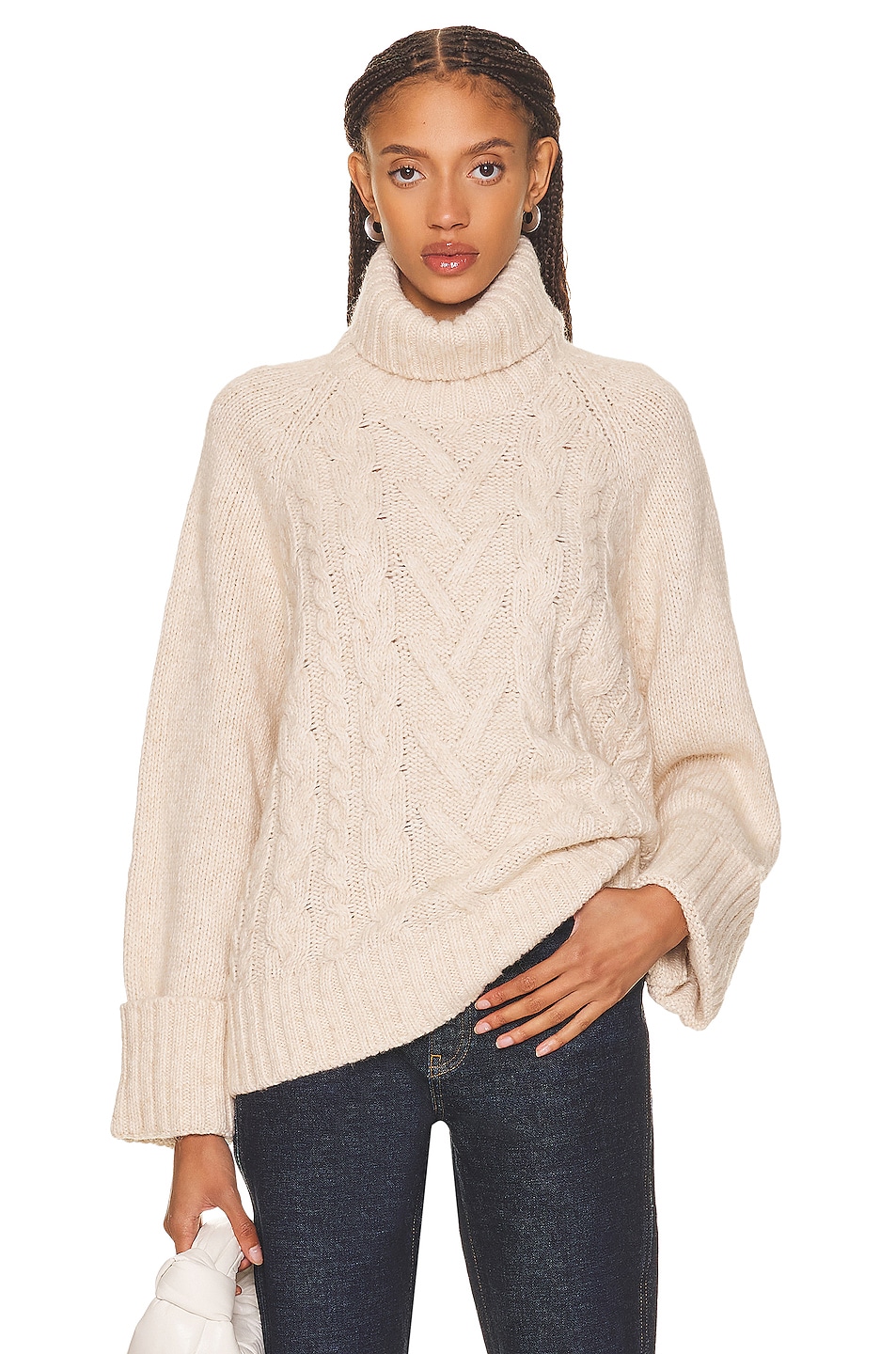 Image 1 of Ganni Chunky Cable Oversized Turtleneck Pullover Sweater in Egret