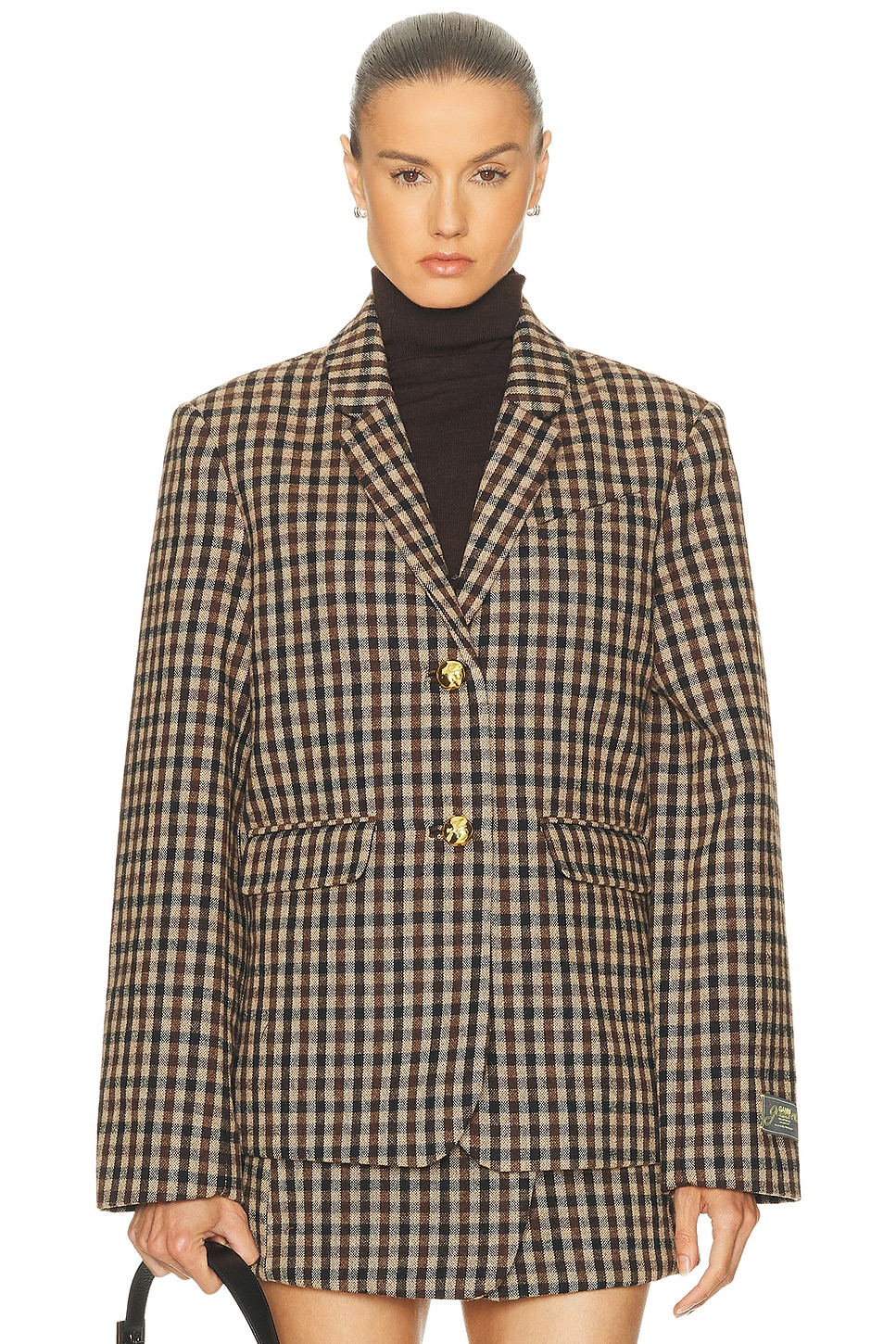 Ganni Checked Wool Blazer In Brown