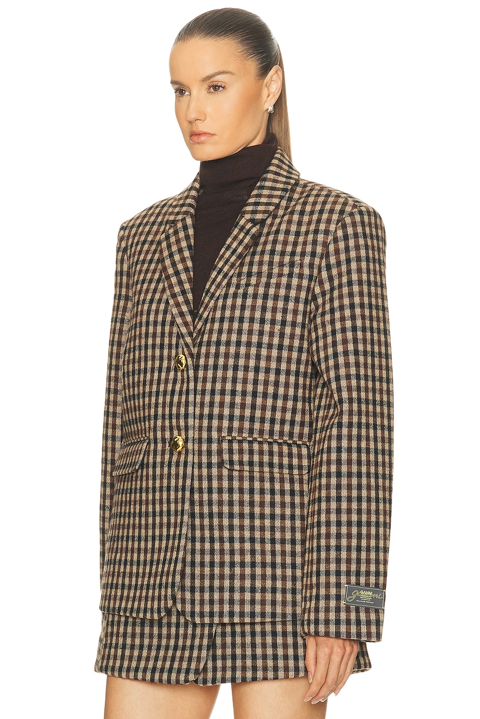 Ganni Checked Wool Blazer In Brown