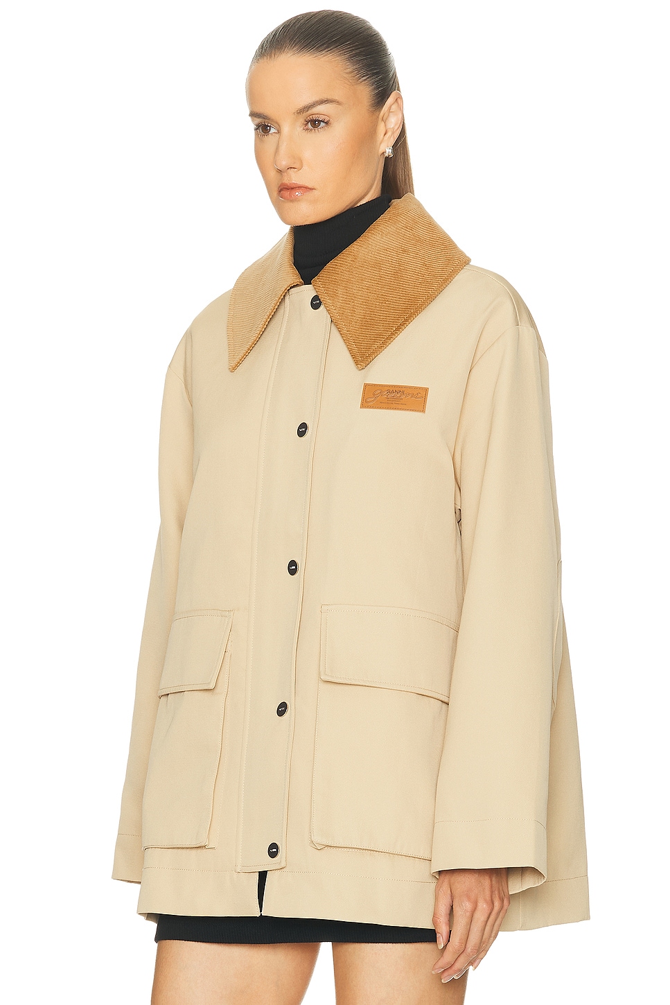 Ganni Womens Oversized-collar Brand-patch Woven Jacket Pale Khaki In Multi