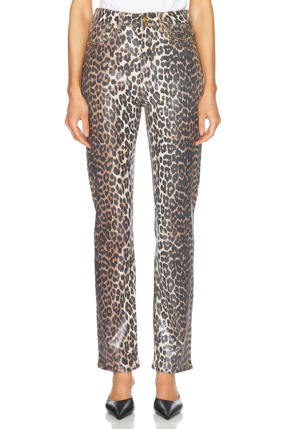 Image 1 of Ganni Foil Print Carri Chain Pant in Leopard