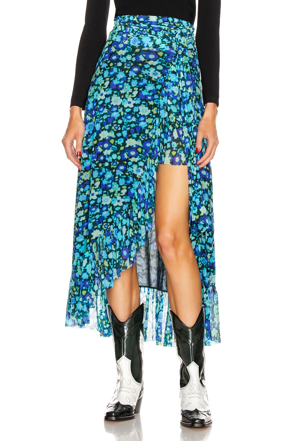 Ganni Printed Mesh Skirt in Azure Blue | FWRD