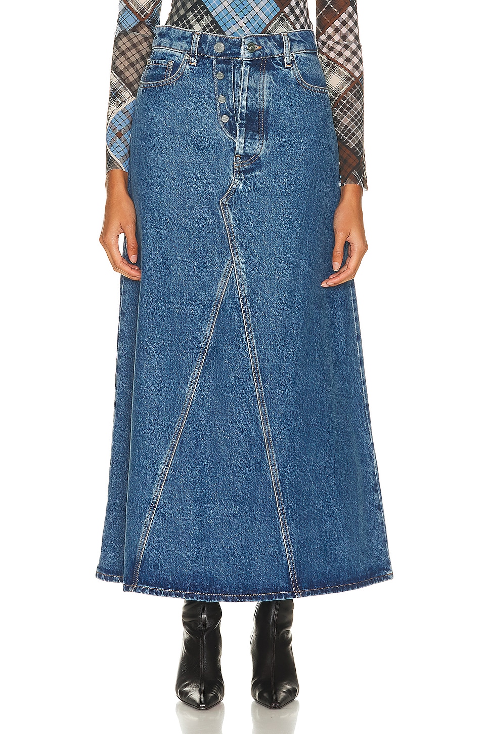 Image 1 of Ganni Denim Maxi Skirt in Mid Blue Stone