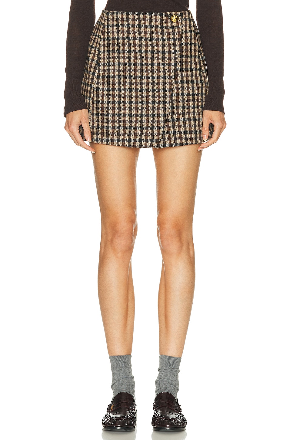 Ganni Check Wool Mini Skirt In Brown
