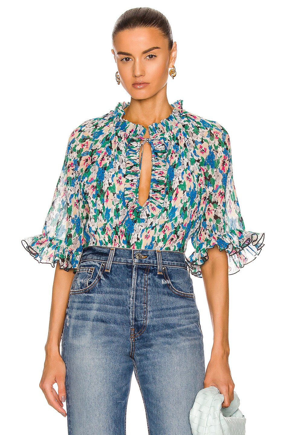 Image 1 of Ganni Pleated Georgette Top in Floral Azure Blue
