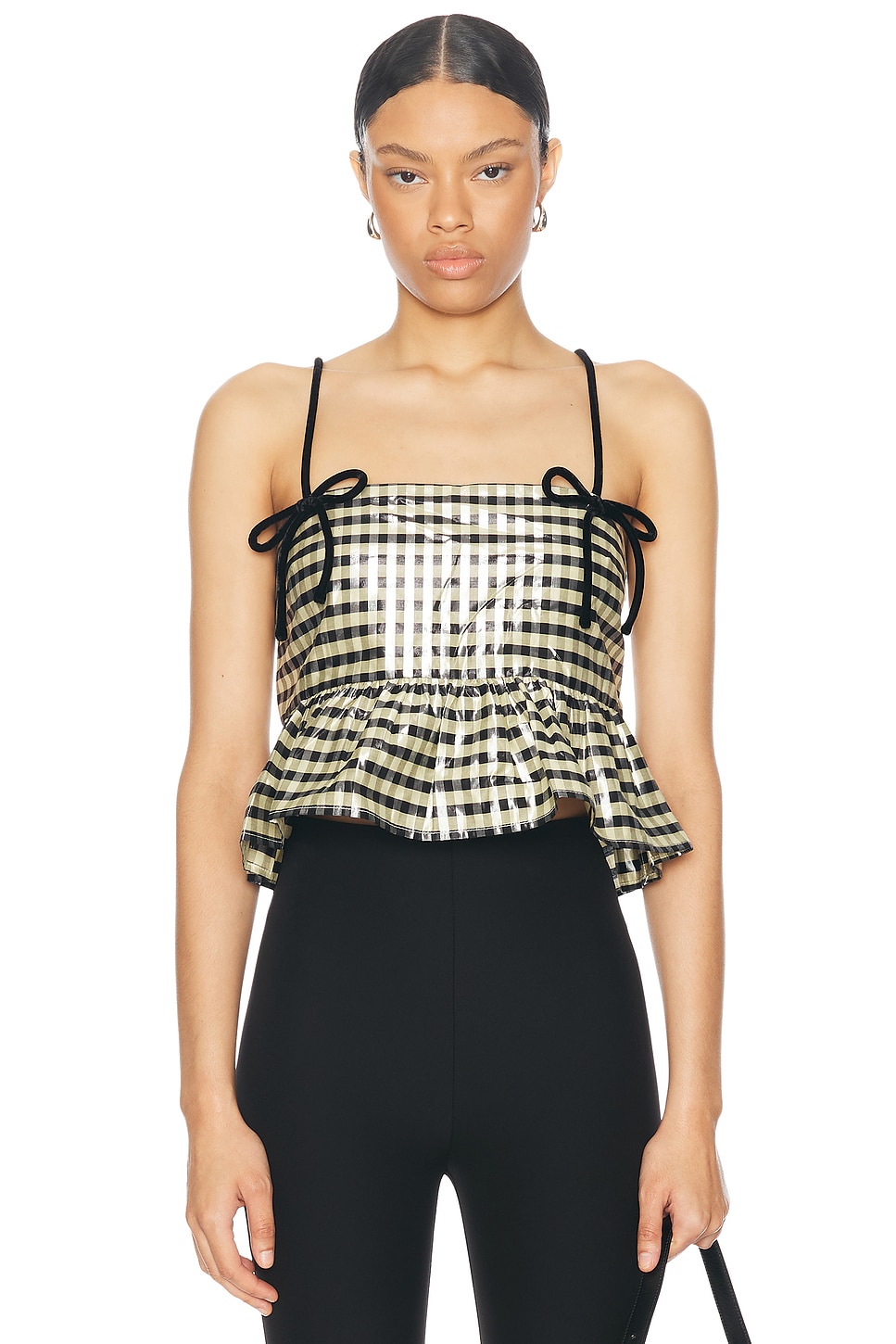 Shop Ganni Shiny Check Tank Top In Lemon Icing