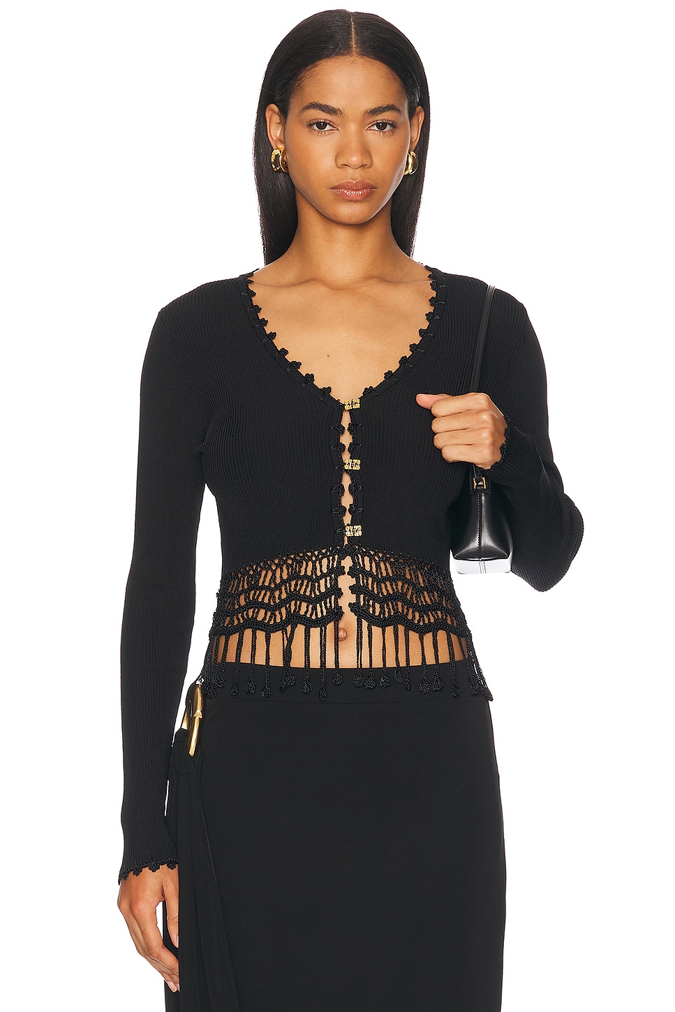 Ganni Black Shiny Viscose Crochet Cardigan In Black