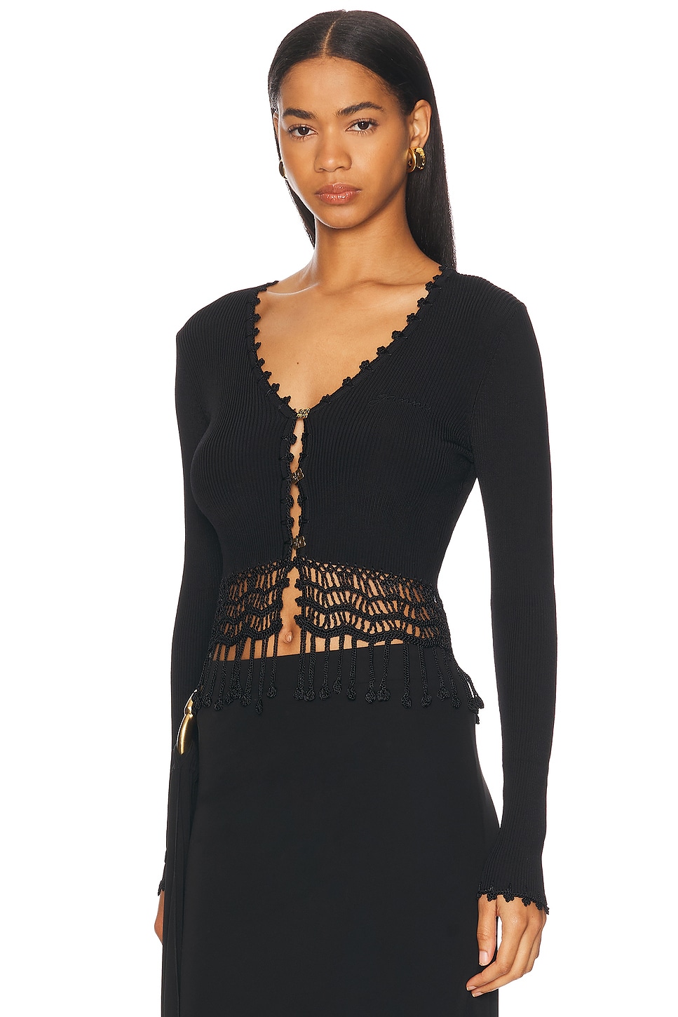 Ganni Black Shiny Viscose Crochet Cardigan In Black
