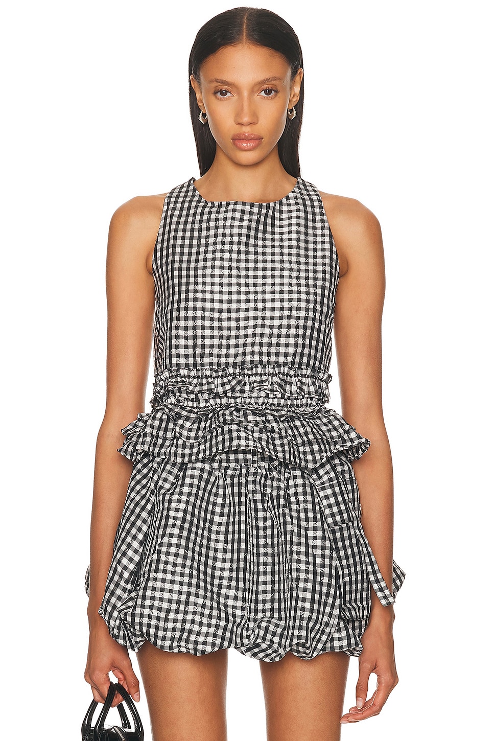 Check Open Back Frill Top in Black
