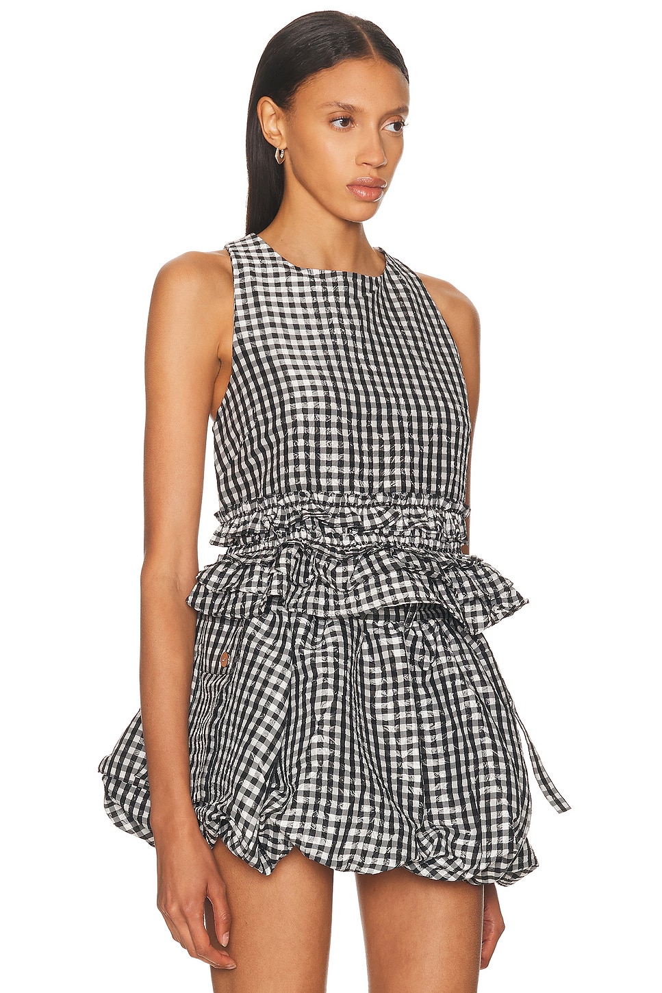 Check Open Back Frill Top in Black