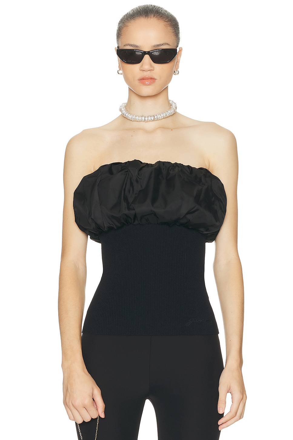 Ganni Black Ribbed Knit Top With Off-shoulder Design In Black