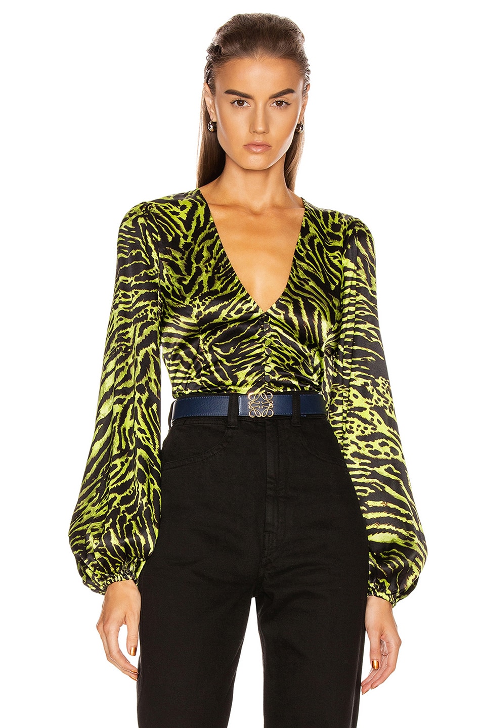 Image 1 of Ganni Silk Stretch Satin Top in Lime Tiger
