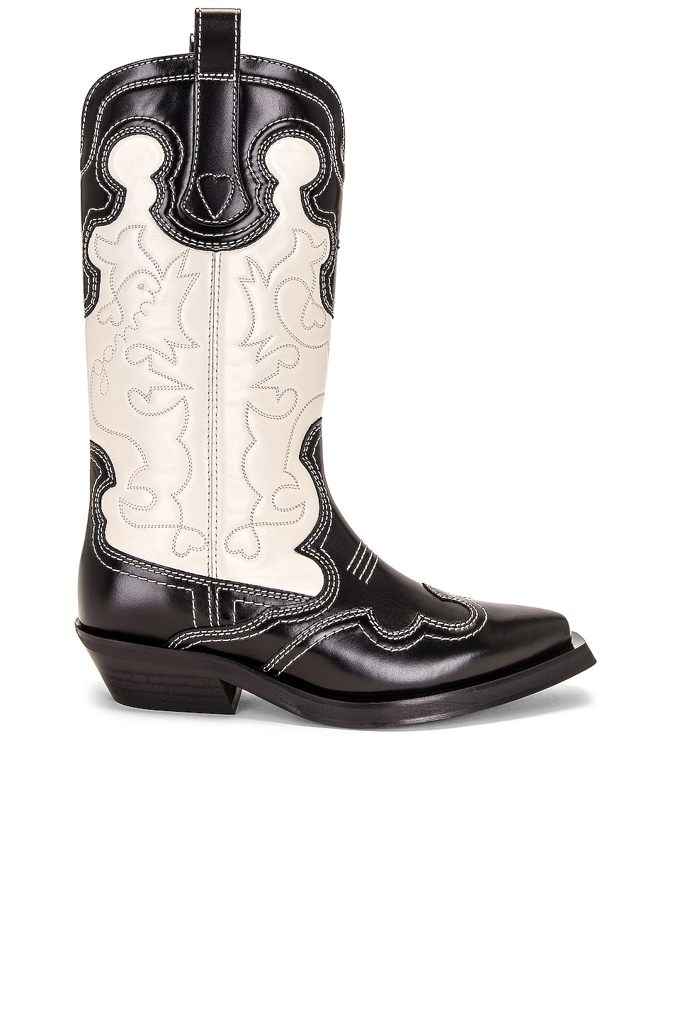 Image 1 of Ganni Mid Calf Embroidered Western Boot in Black & Egret