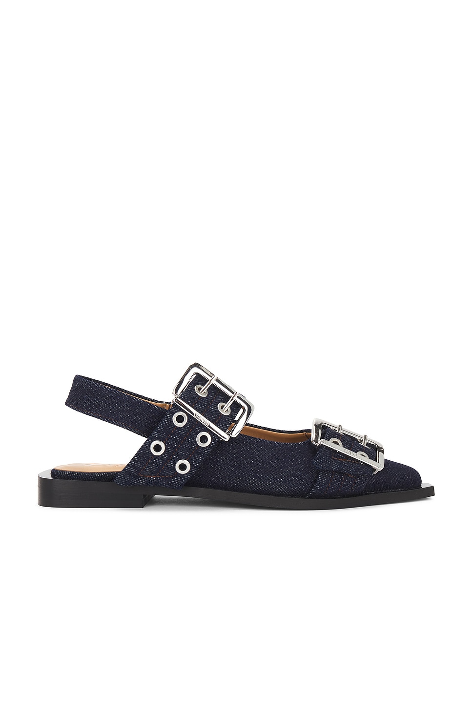 Shop Ganni Denim Buckle Ballerina Flat In Dark Navy