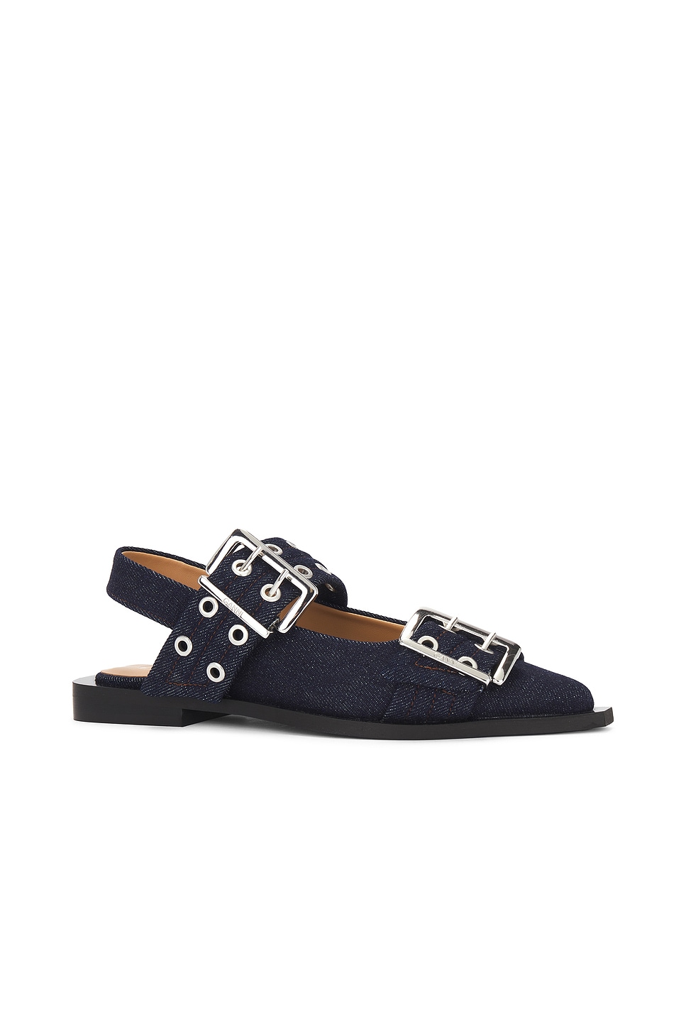 Shop Ganni Denim Buckle Ballerina Flat In Dark Navy