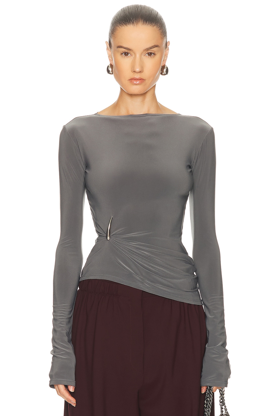 Image 1 of Grace Ling Claw Draped Long Sleeve Top in Grey