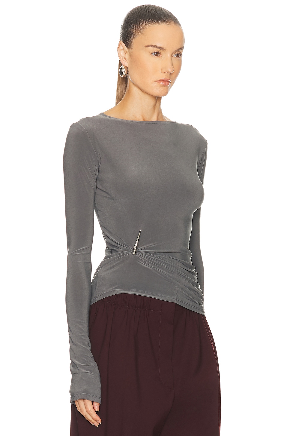 Grace Ling Claw Draped Long Sleeve Top In Gray