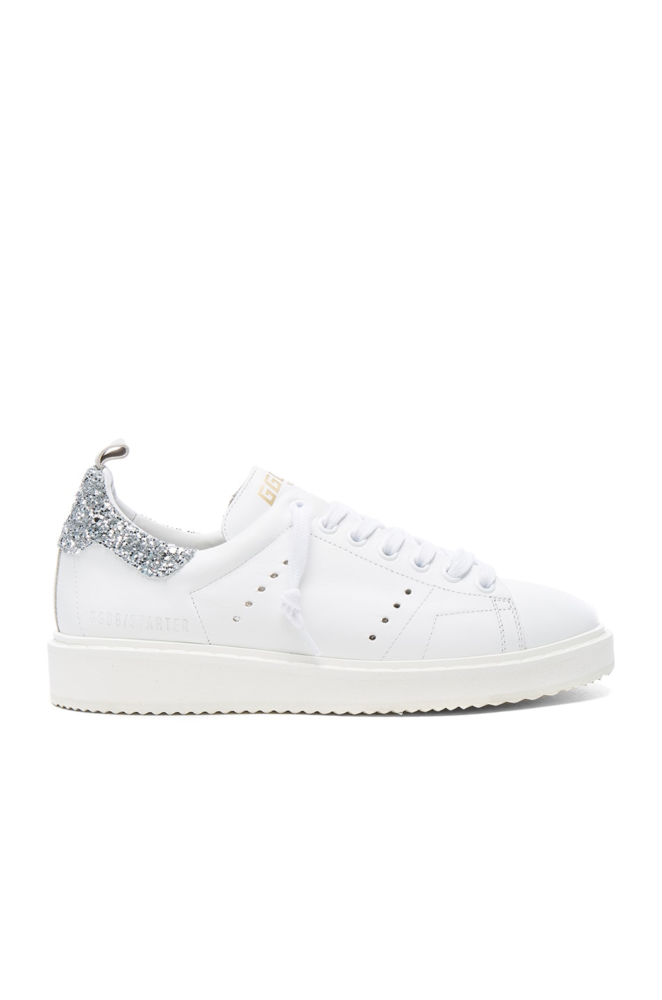 Image 1 of Golden Goose Leather Starter Sneakers in White & Silver Glitter