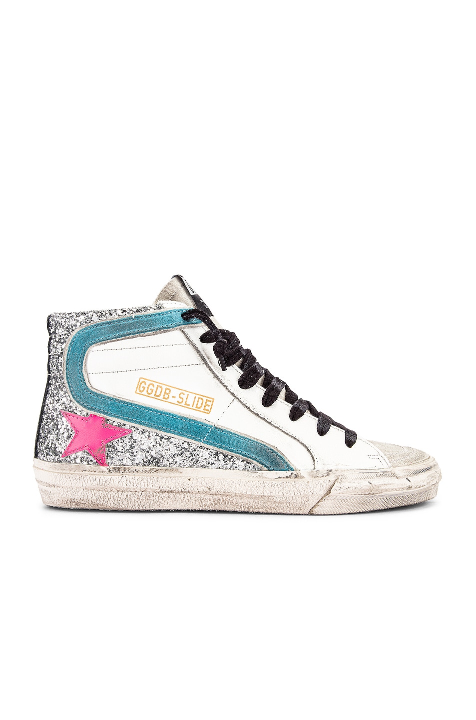 Image 1 of Golden Goose Slide Sneaker in White, Silver Glitter & Fuchsia Star