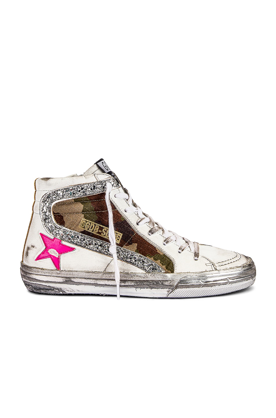 Image 1 of Golden Goose Slide Sneaker in White, Green Camouflage, Silver, Fluorescent Pink, & Cappuccino
