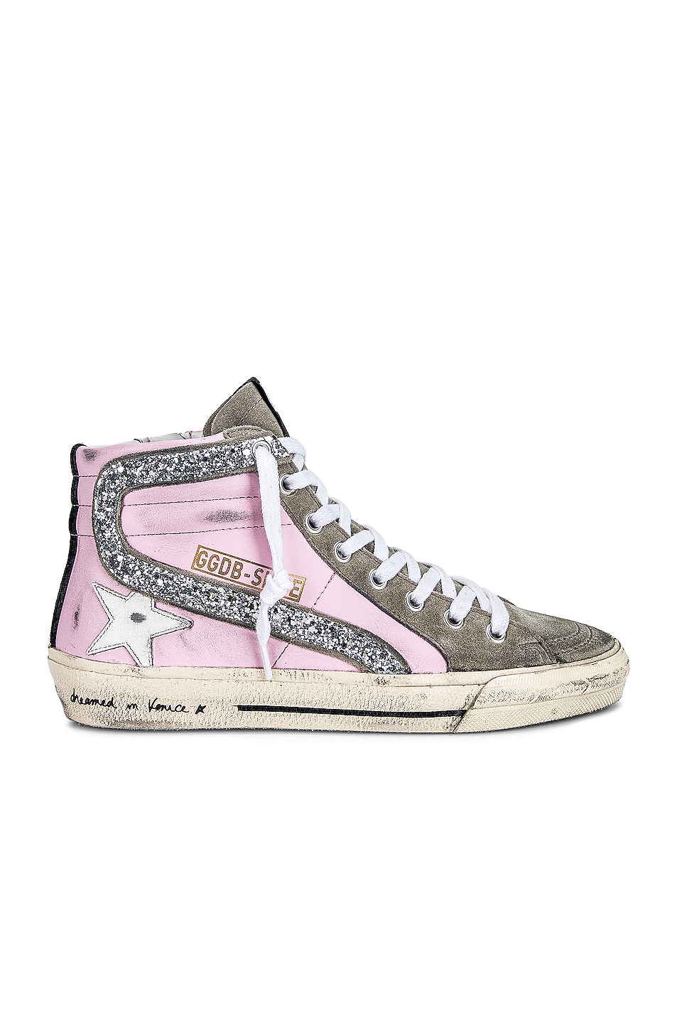 Image 1 of Golden Goose Slide Sneaker in Orchid Pink, Taupe, White, Black, & Silver