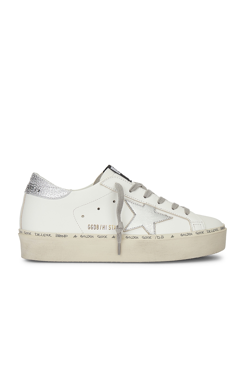 Image 1 of Golden Goose Hi Star Leather Upper Sneaker in White & Silver