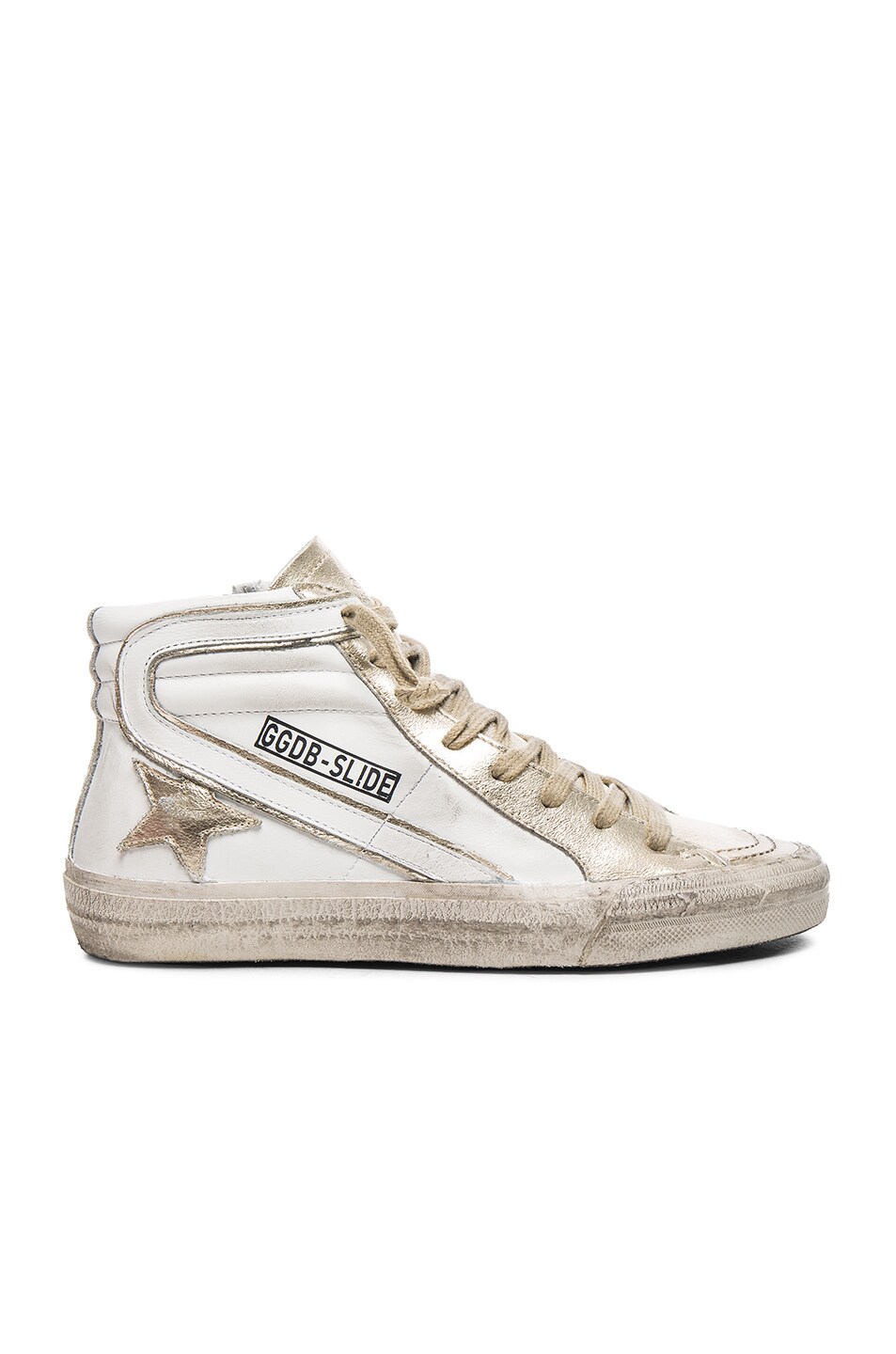 Golden Goose Leather Slide Sneakers in White & Gold | FWRD
