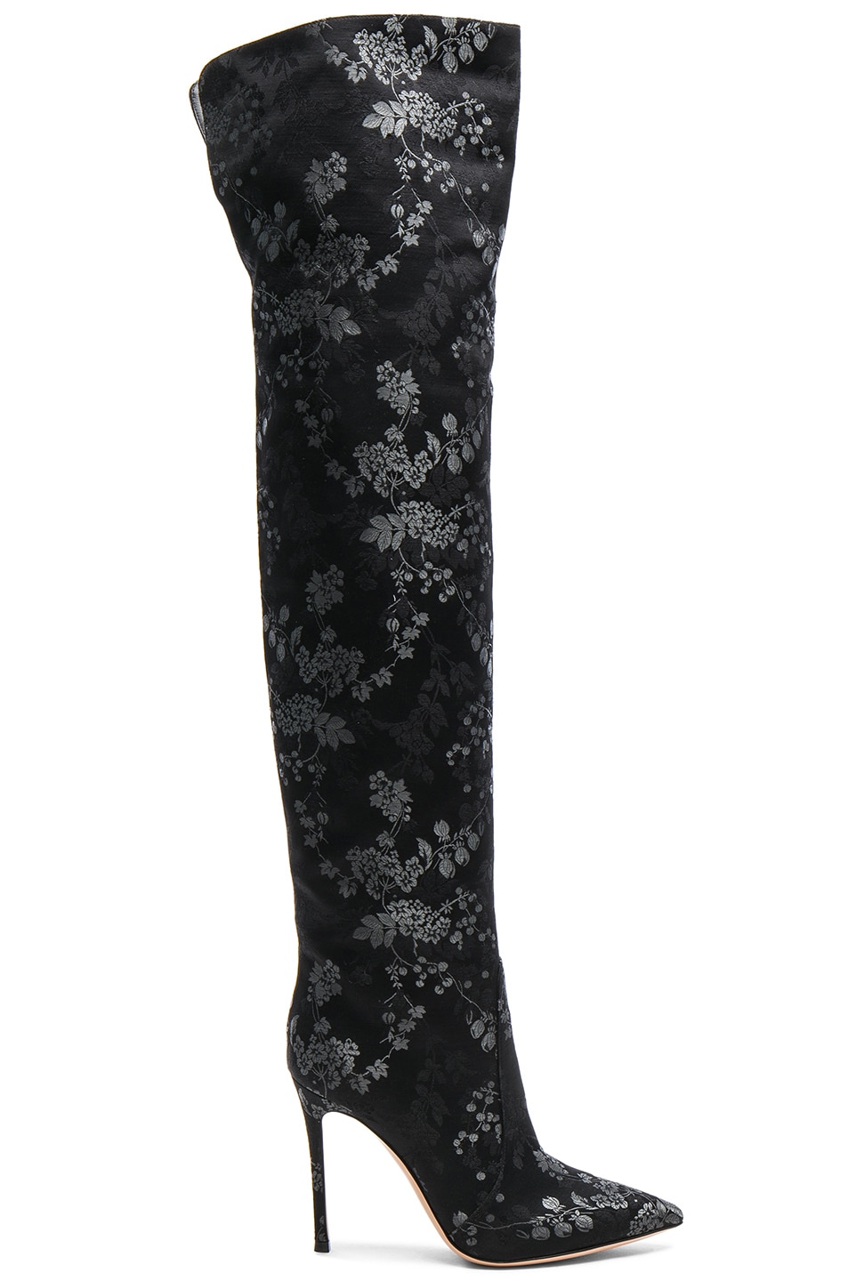 Image 1 of Gianvito Rossi Embroidered Silk Rennes Thigh High Boots in Black