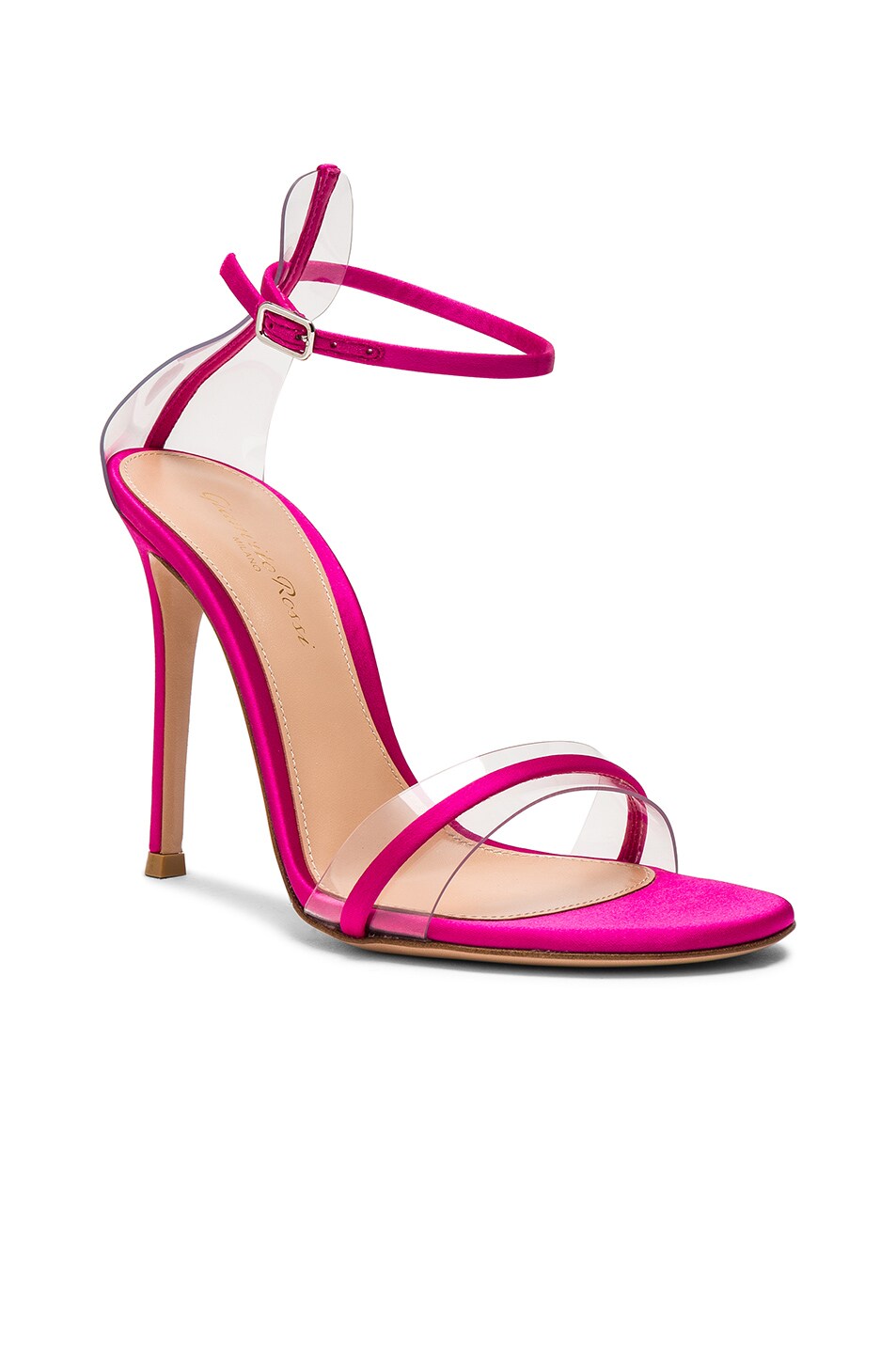 Gianvito Rossi Satin Plexi G String Heels in Fuchsia & Transparent | FWRD