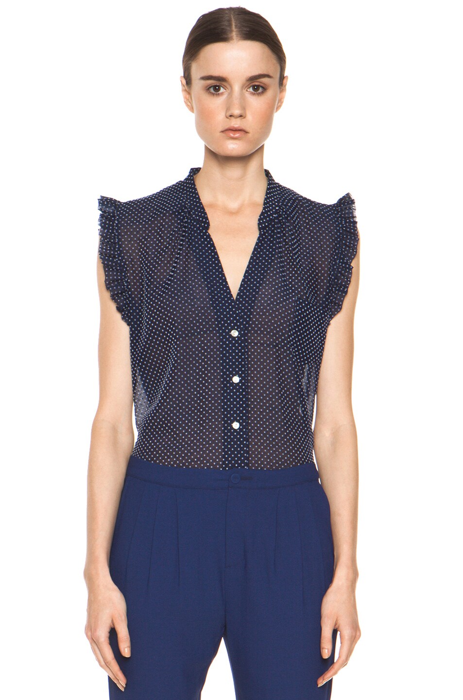 Image 1 of Girl. by Band of Outsiders Flocked Swiss Dot Top in Navy