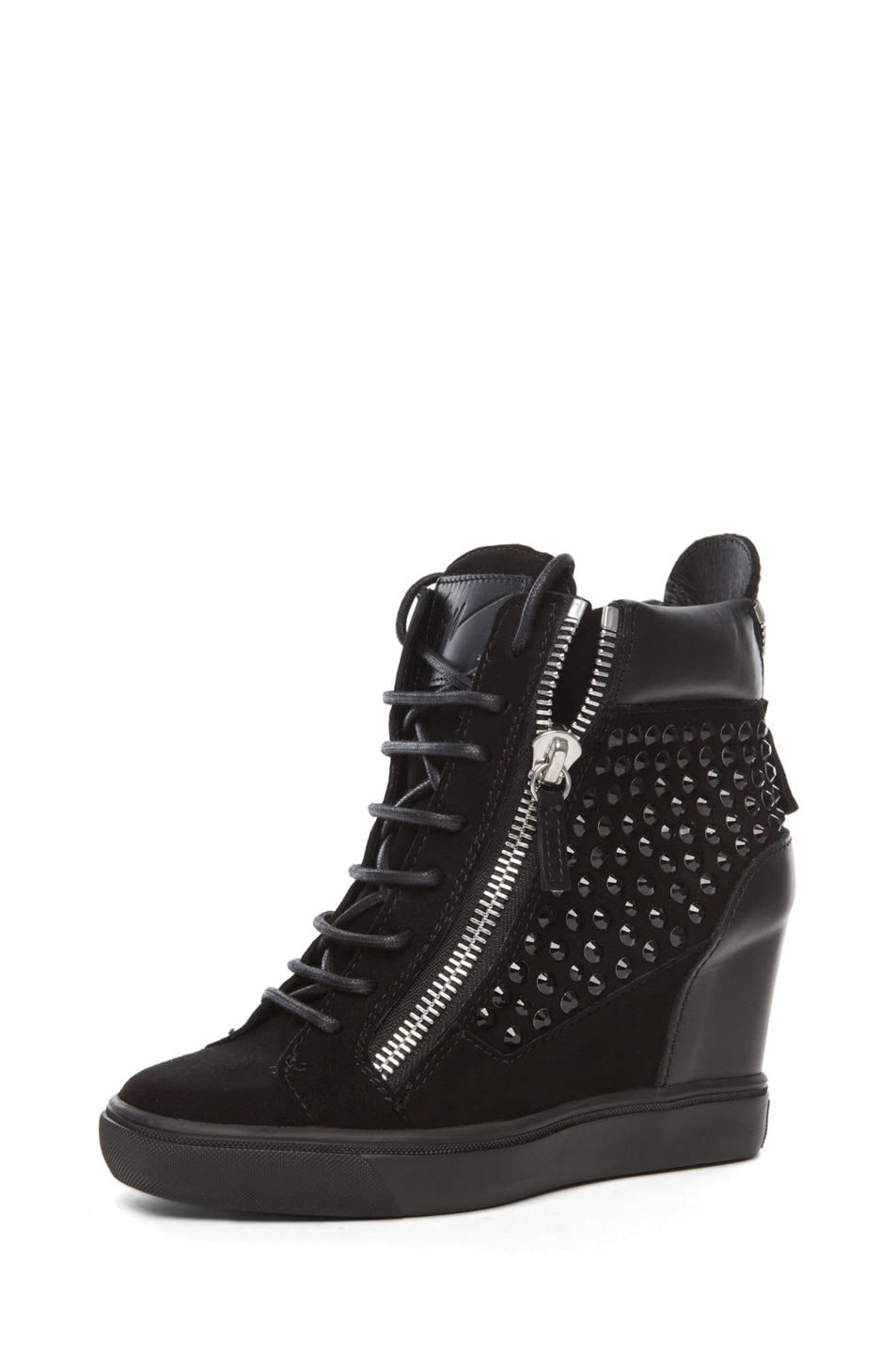 Giuseppe Zanotti Suede & Leather Embellished Wedge Sneakers in Black | FWRD
