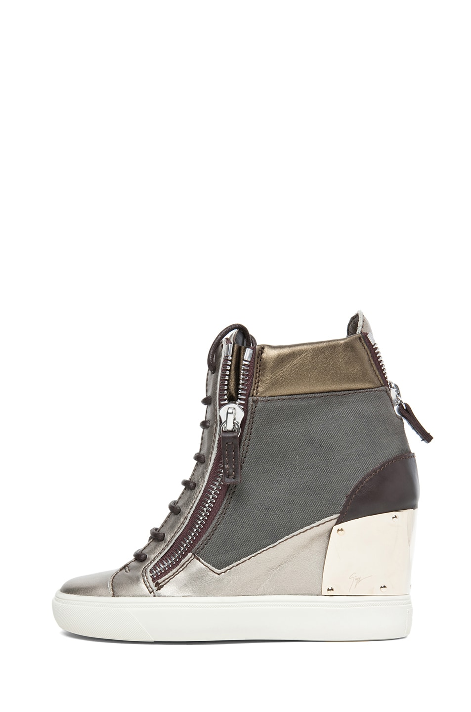 Image 1 of Giuseppe Zanotti Canvas & Leather Wedge Sneakers in Khaki & Metallic