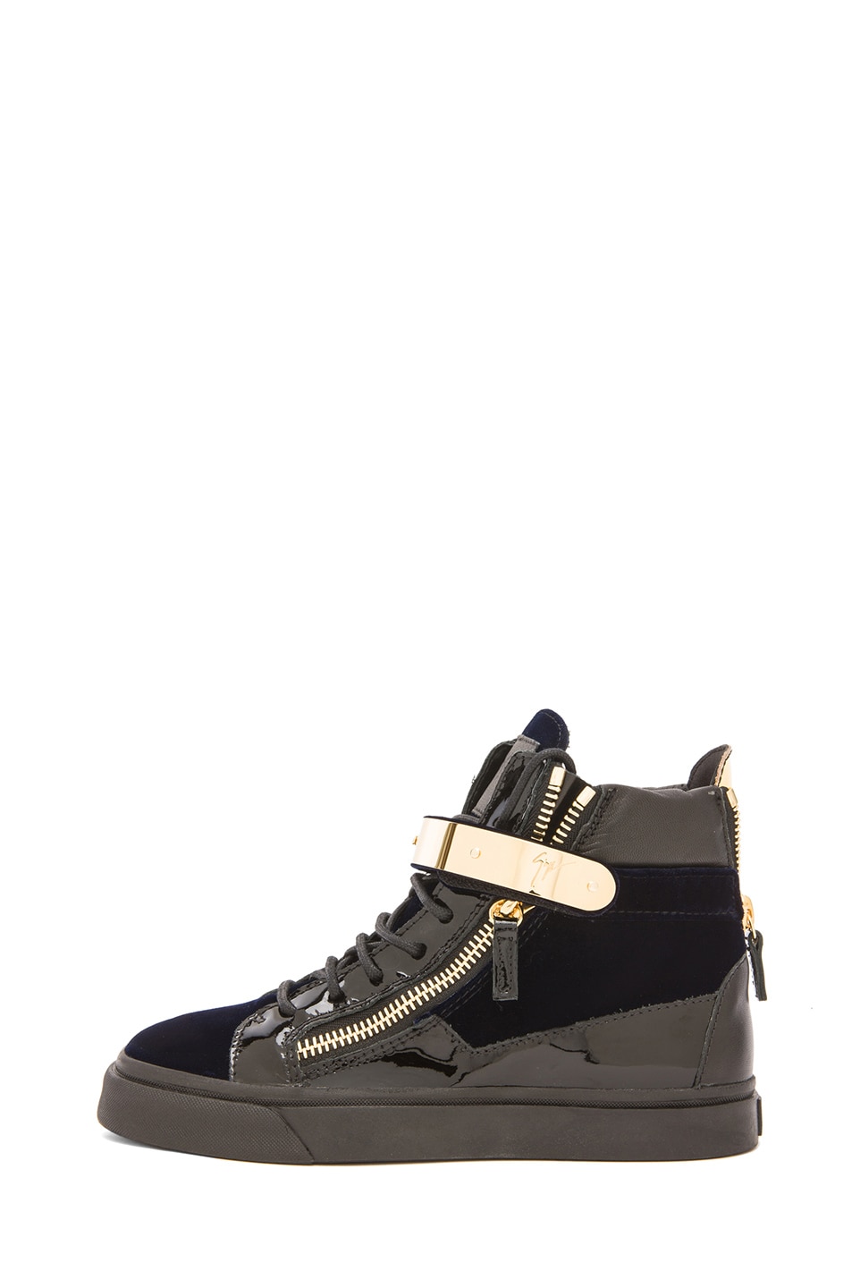 Image 1 of Giuseppe Zanotti Velvet & Patent Leather Gold Strap Sneaker in Navy and Black Multi